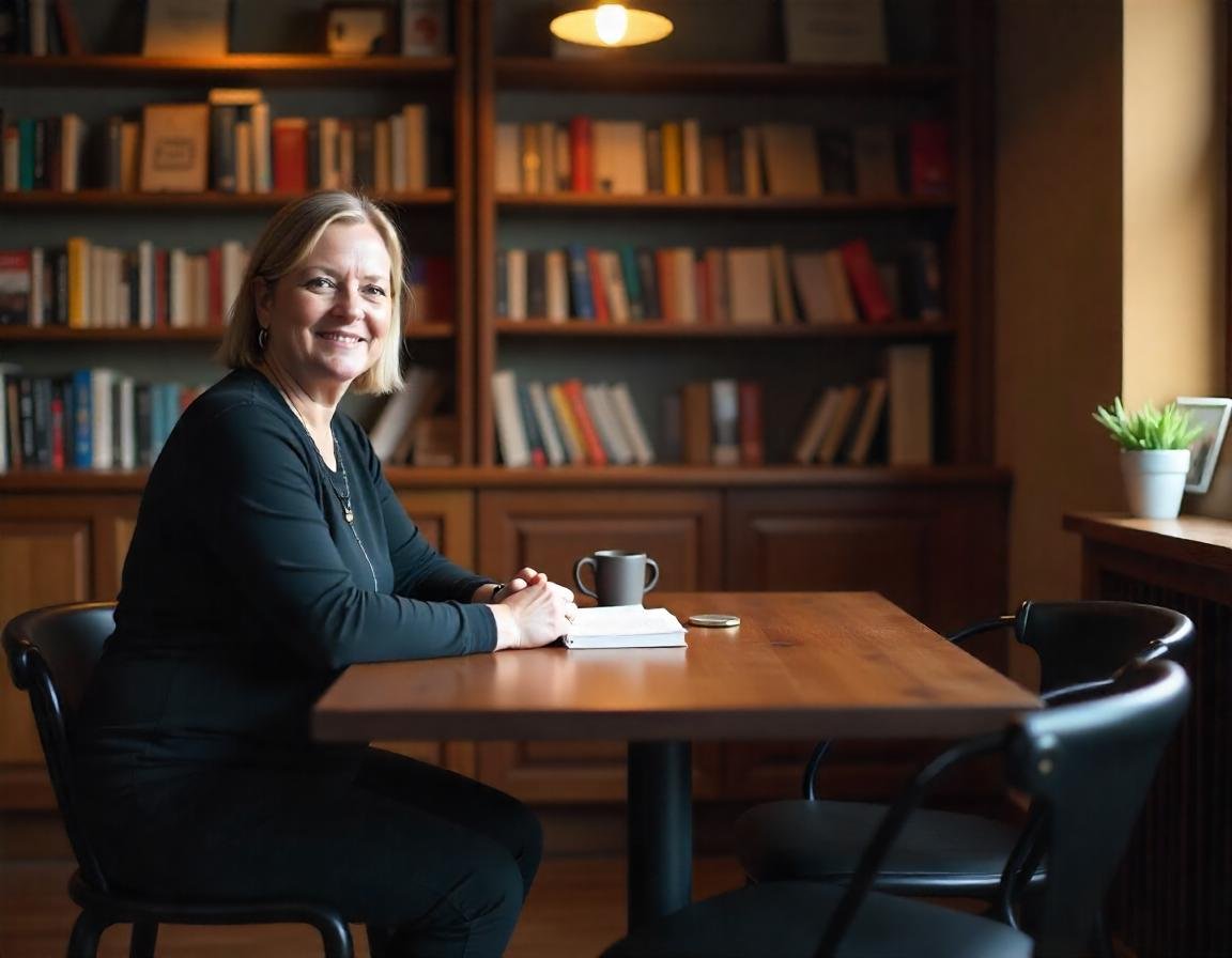 Mulher sentada numa livraria evangélica