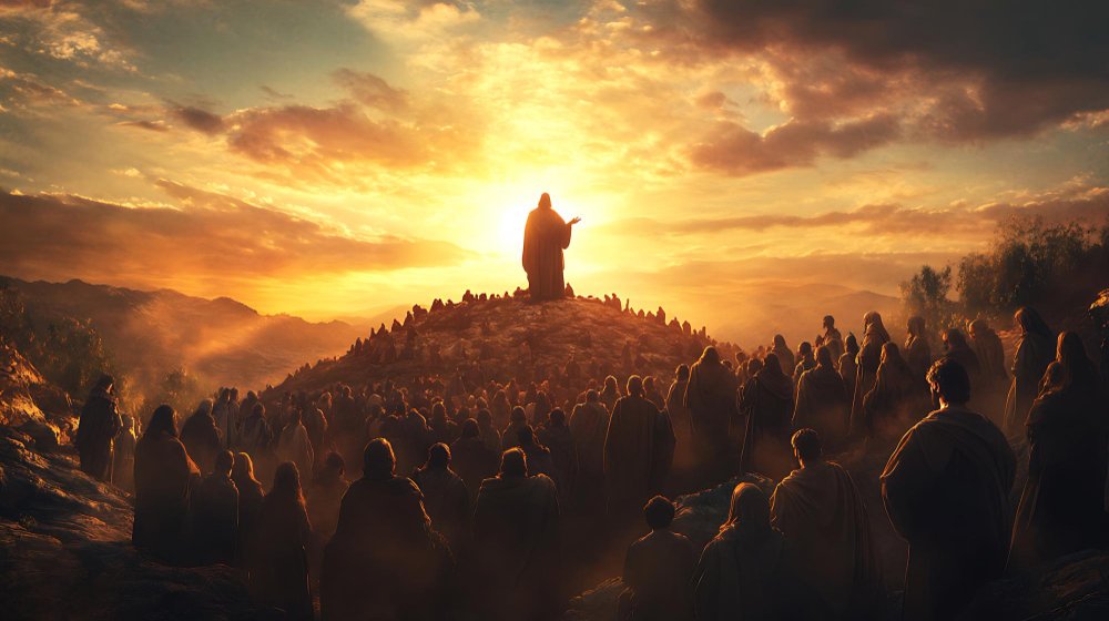 Jesus ensinando na montanha e seus discípulos ao redor