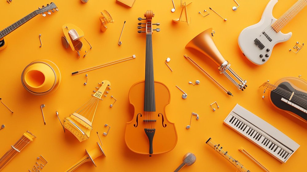 Instrumentos musicais cercado de notas musicais