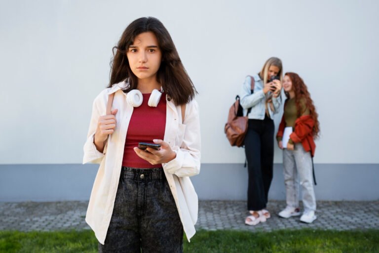 Menina com fone de ouvido e segurando celular em destaque enquanto outras duas meninas estão cochicando mais atrás