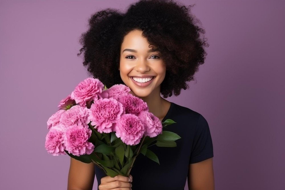 Mulher negra segurando buque de cravos cor de rosa