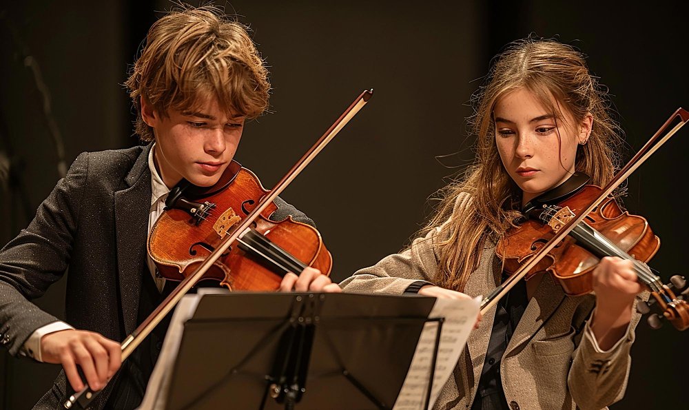 Menino e menina tocando violino e olhando a partitura