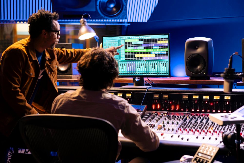 Dois produtores musicais olhando para o software de edição de áudio