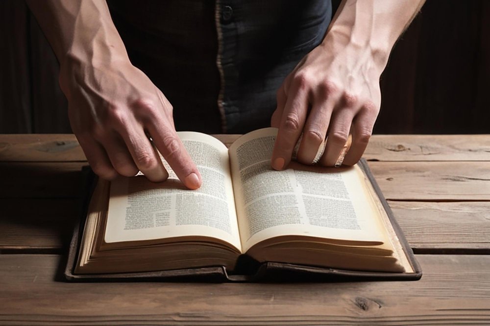 Homem lendo Biblia aberta em 1 Samuel