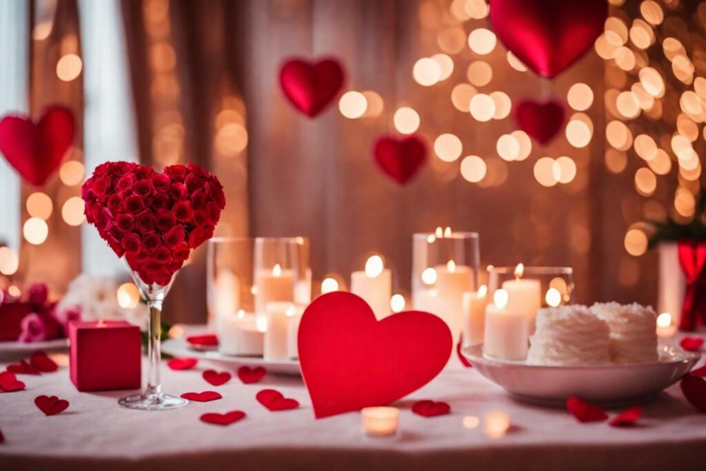 decoração de jantar dos namorados na igreja com velas e coração vermelho sobre a mesa
