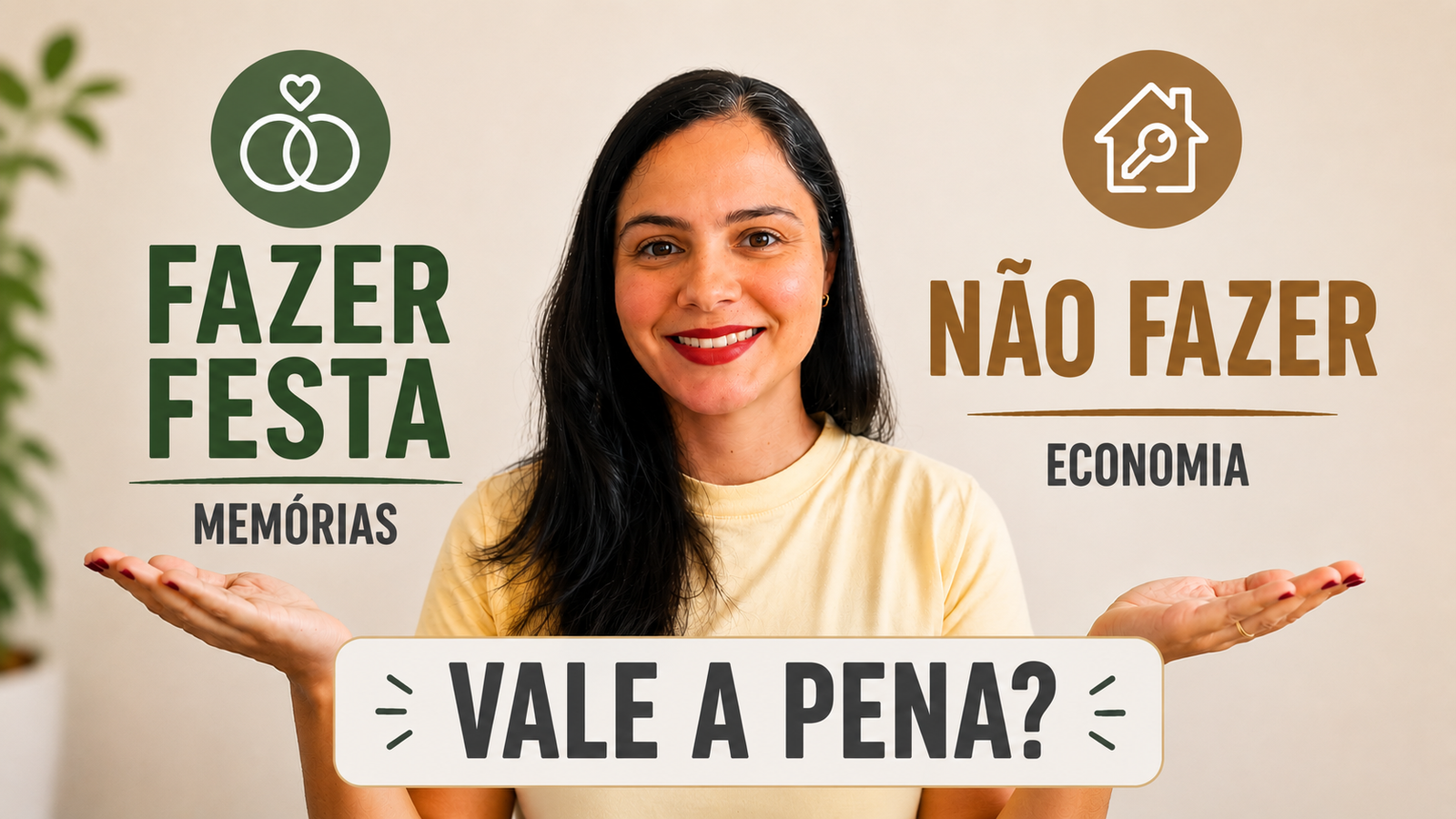 Mulher comparando fazer festa de casamento para criar memórias ou economizar dinheiro para construir patrimônio familiar